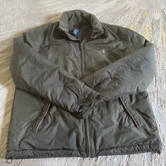 Polo Ralph Lauren Olive Green Jacket brown Leather accents hood casual large - Picture 4 of 13